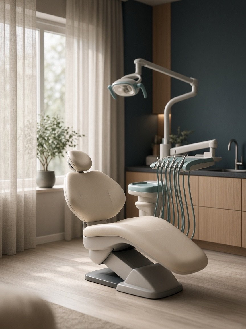 Dental treatment chair and operating light in a calm clinic room